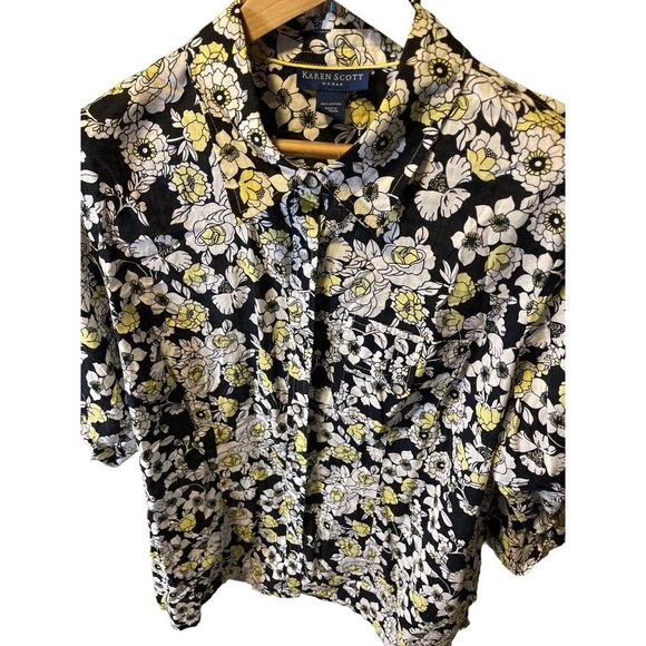 Karen Scott Black White Yellow Floral 3/4 Sleeve Button Up Blouse Top Sz 2X - Picture 4 of 7